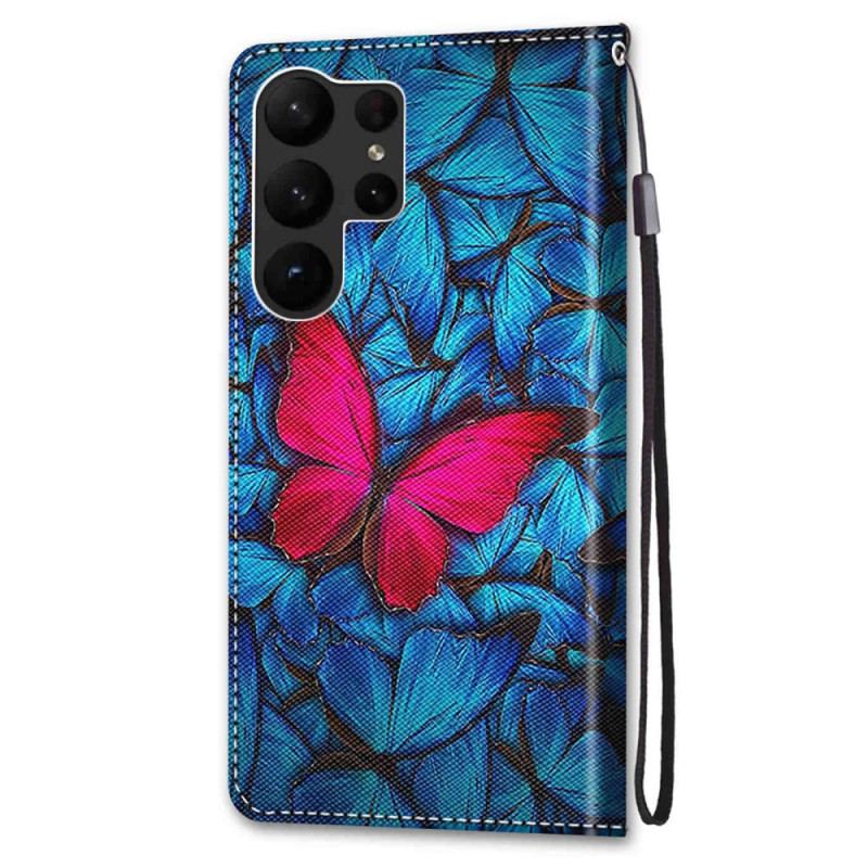 Capa Em Pele Para Samsung Galaxy S23 Ultra 5G Borboleta Vermelha Fundo Azul