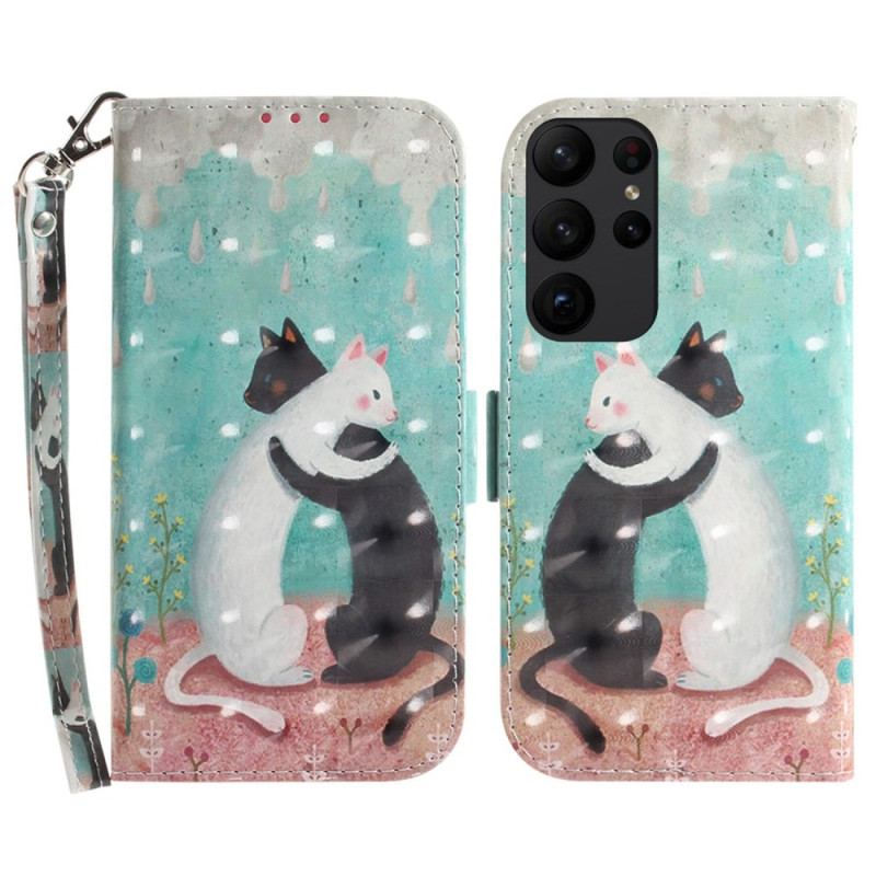 Capa Em Pele Para Samsung Galaxy S23 Ultra 5G De Cordão Gato Branco Gato Preto Com Alça