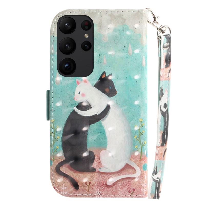 Capa Em Pele Para Samsung Galaxy S23 Ultra 5G De Cordão Gato Branco Gato Preto Com Alça