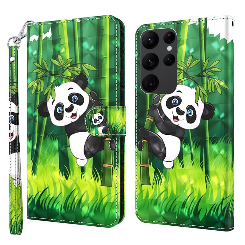 Capa Flip Para Samsung Galaxy S23 Ultra 5G De Cordão Bambu Panda Com Cordão