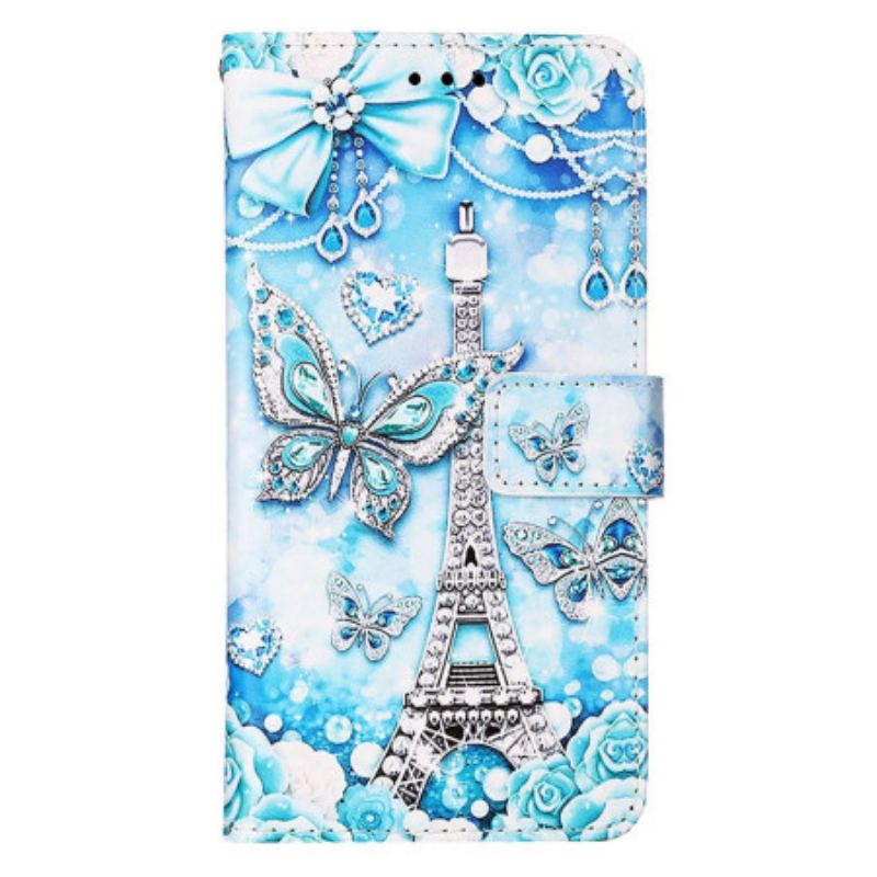 Capa Flip Para Samsung Galaxy S23 Ultra 5G De Cordão Correia Borboleta Torre Eiffel