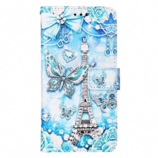 Capa Flip Para Samsung Galaxy S23 Ultra 5G De Cordão Correia Borboleta Torre Eiffel