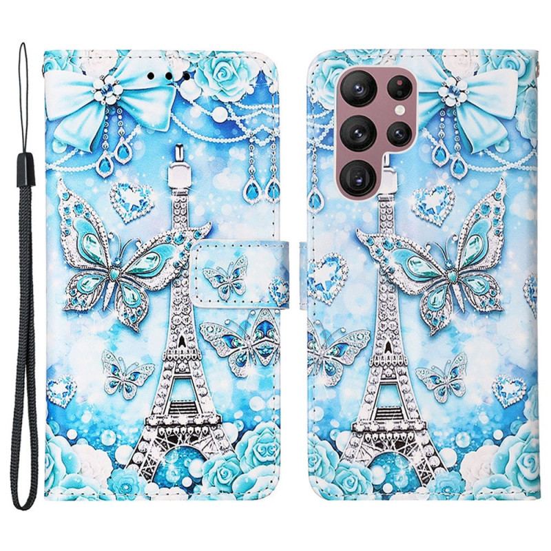 Capa Flip Para Samsung Galaxy S23 Ultra 5G De Cordão Correia Borboleta Torre Eiffel