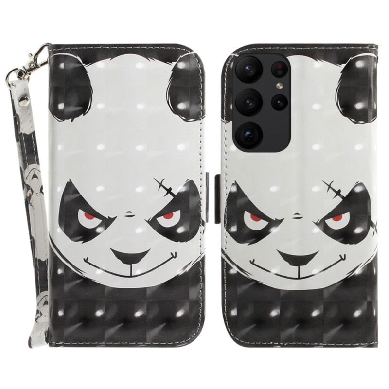 Capa Flip Para Samsung Galaxy S23 Ultra 5G De Cordão Panda Irritado Com Cordão