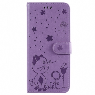 Capa Flip Para Samsung Galaxy S23 Ultra 5G De Cordão Strappy Gato E Abelhas