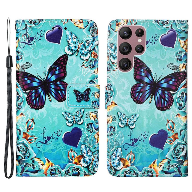 Capa Flip Para Samsung Galaxy S23 Ultra 5G De Cordão Tanga Borboletas