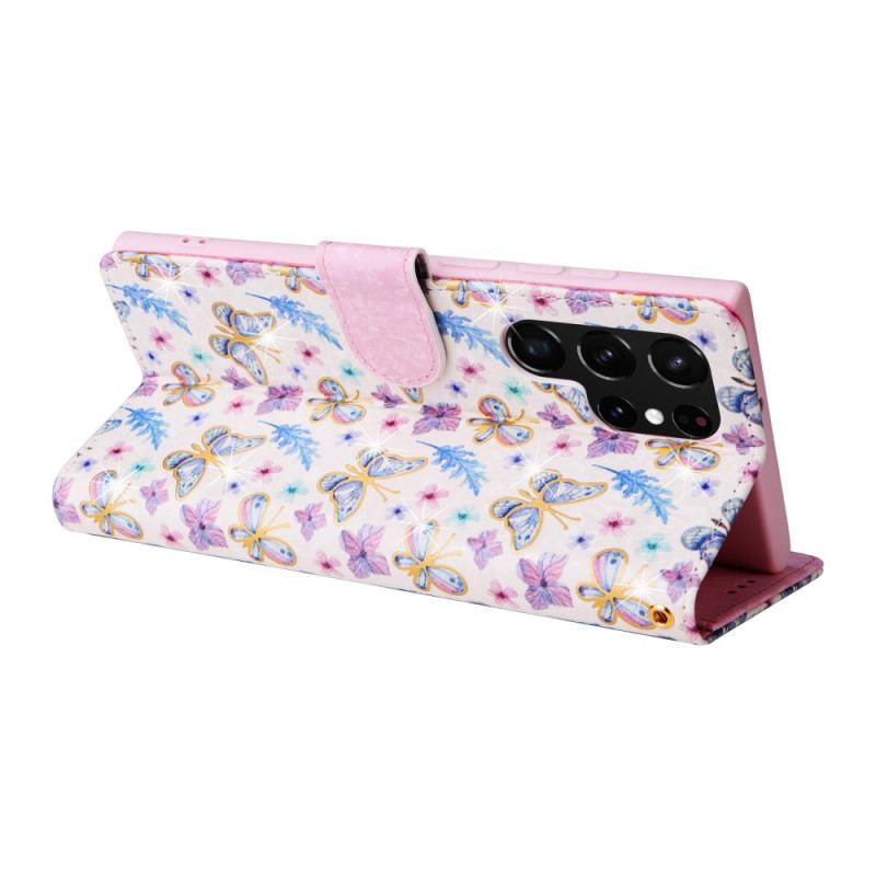 Capa Flip Para Samsung Galaxy S23 Ultra 5G Flores Rfid Com Cordão