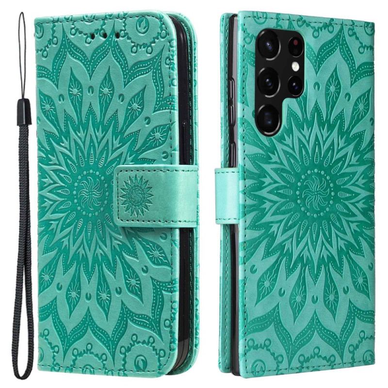 Capa Flip Para Samsung Galaxy S23 Ultra 5G Mandala Sol Com Cordão