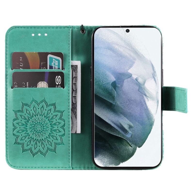 Capa Flip Para Samsung Galaxy S23 Ultra 5G Mandala Sol Com Cordão