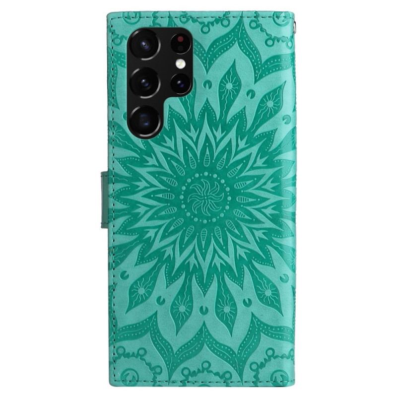 Capa Flip Para Samsung Galaxy S23 Ultra 5G Mandala Sol Com Cordão