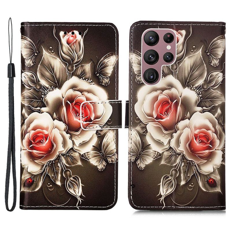 Capa Flip Para Samsung Galaxy S23 Ultra 5G Rosas Douradas