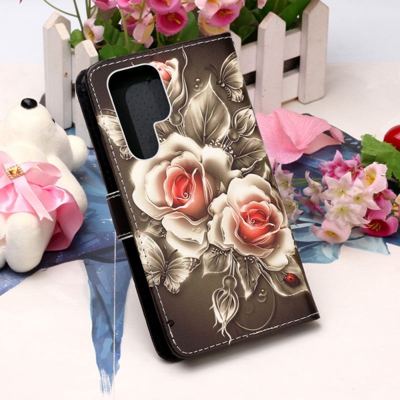 Capa Flip Para Samsung Galaxy S23 Ultra 5G Rosas Douradas