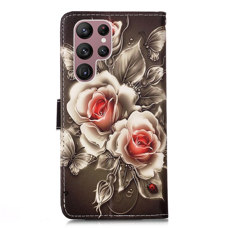 Capa Flip Para Samsung Galaxy S23 Ultra 5G Rosas Douradas