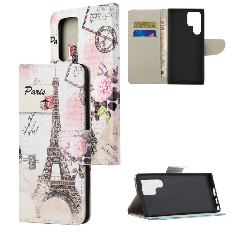 Capa Flip Para Samsung Galaxy S23 Ultra 5G Torre Eiffel Antiga