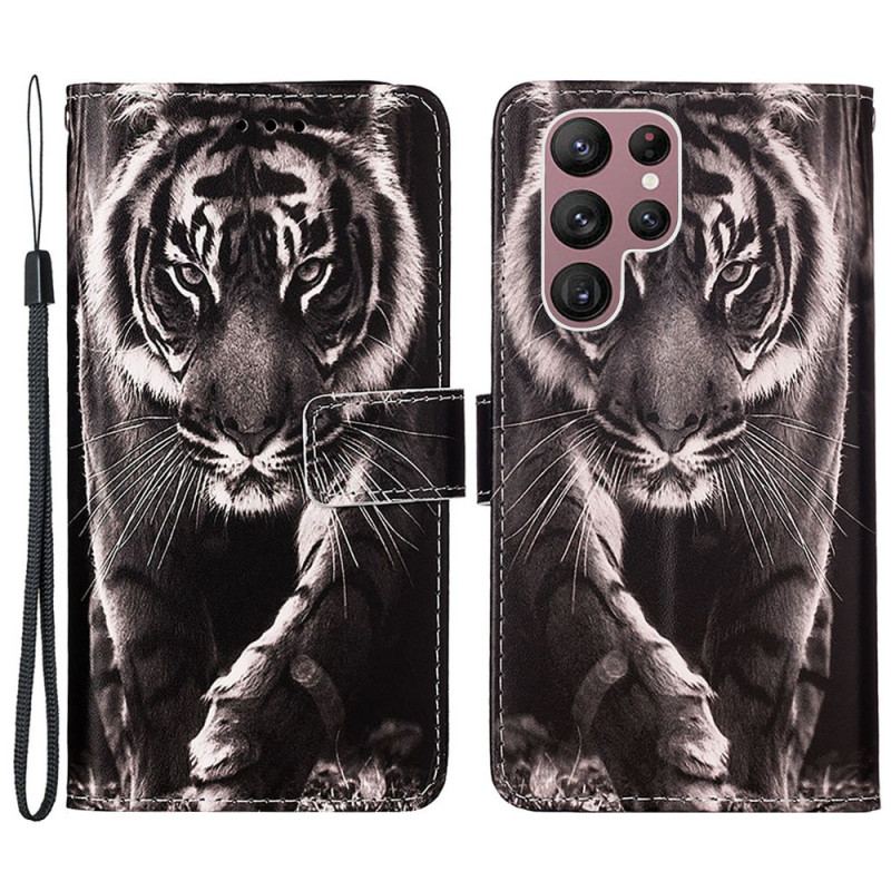 Capa Folio Para Samsung Galaxy S23 Ultra 5G De Cordão Strappy Night Tiger