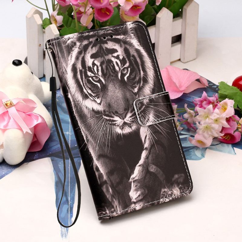 Capa Folio Para Samsung Galaxy S23 Ultra 5G De Cordão Strappy Night Tiger