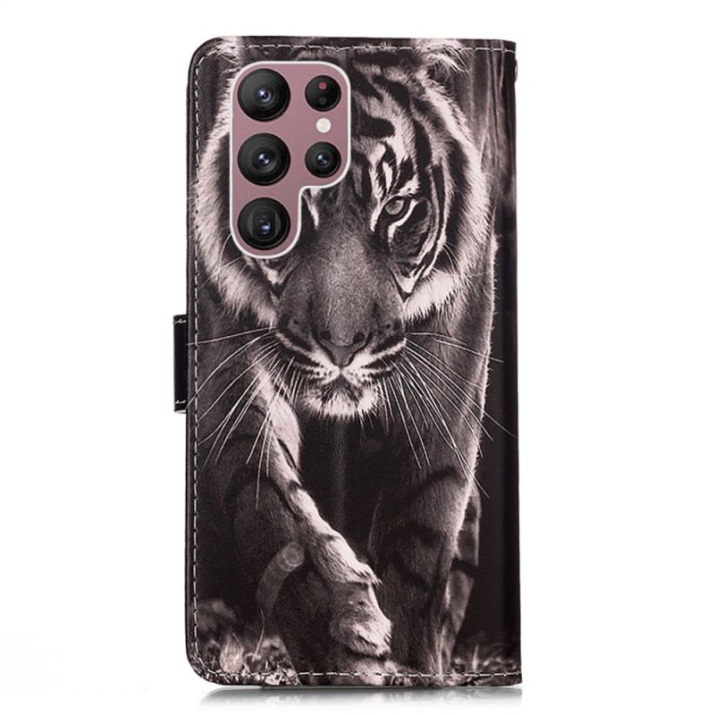 Capa Folio Para Samsung Galaxy S23 Ultra 5G De Cordão Strappy Night Tiger