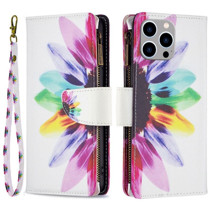 Capa De Couro Para iPhone 14 Pro Max Bolso Com Zíper Flor