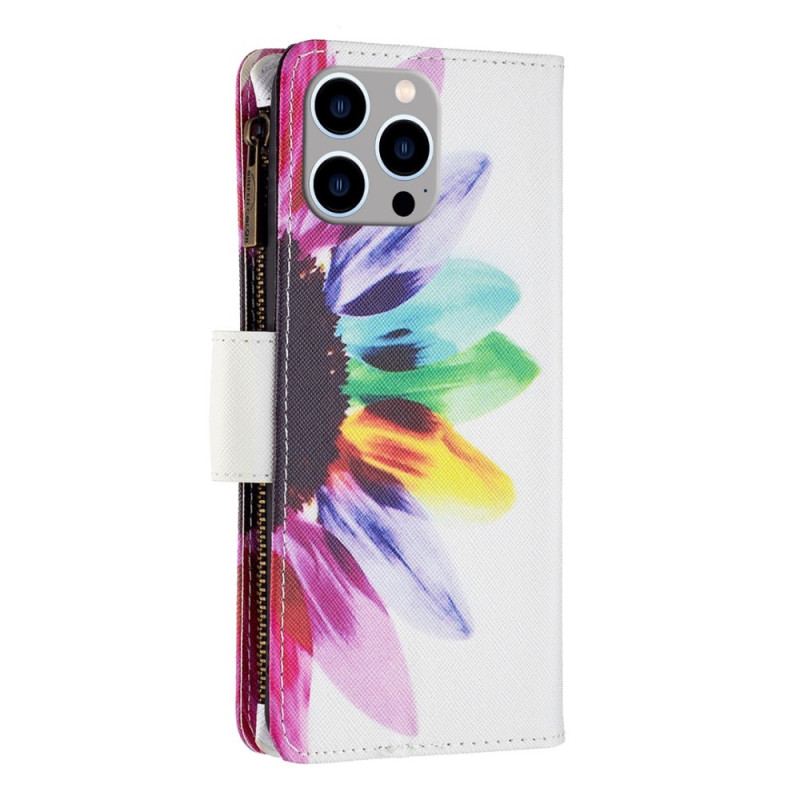 Capa De Couro Para iPhone 14 Pro Max Bolso Com Zíper Flor