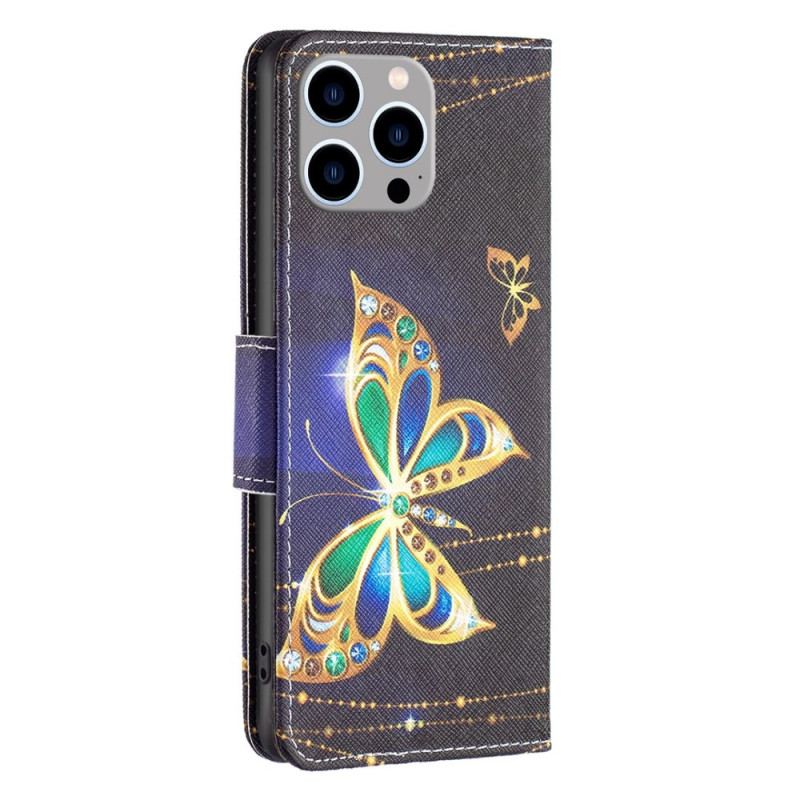 Capa De Couro Para iPhone 14 Pro Max Borboleta Dourada