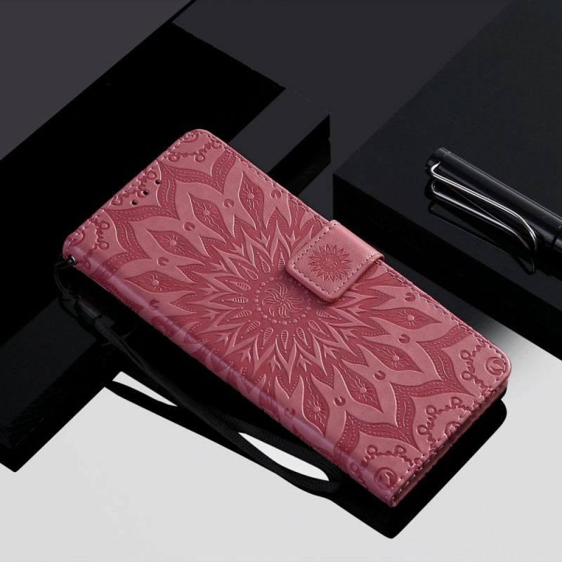 Capa De Couro Para iPhone 14 Pro Max Mandala Sol Com Cordão