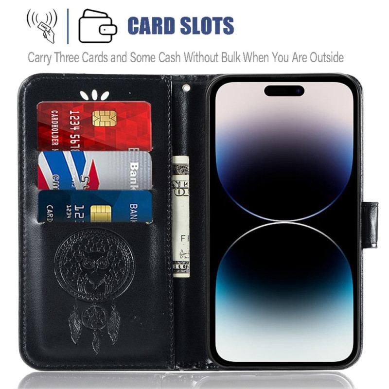 Capa Flip Para iPhone 14 Pro Max De Cordão Apanhador De Sonhos Coruja Com Alça