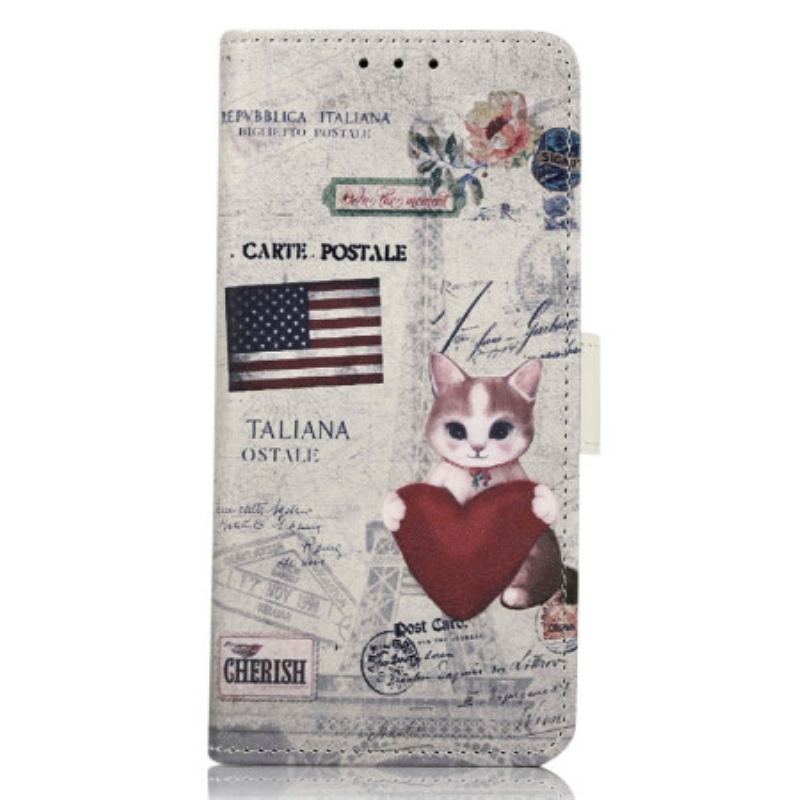 Capa Flip Para iPhone 14 Pro Max Gato Viajante