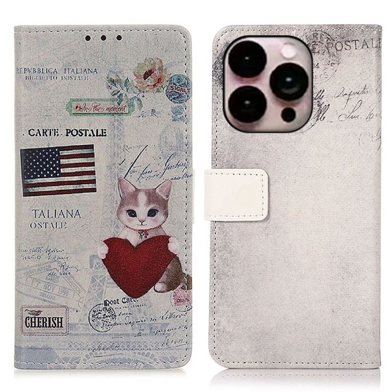 Capa Flip Para iPhone 14 Pro Max Gato Viajante