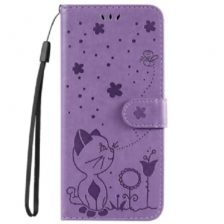 Capa Folio Para iPhone 14 Pro Max De Cordão Strappy Gato E Abelhas