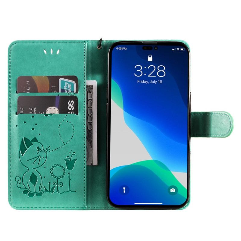 Capa Folio Para iPhone 14 Pro Max De Cordão Strappy Gato E Abelhas