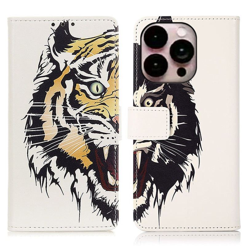 Capa Folio Para iPhone 14 Pro Max Tigre Feroz