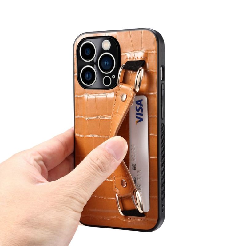 Capa Para iPhone 14 Pro Max Titular Do Cartão Com Alça De Suporte Croco