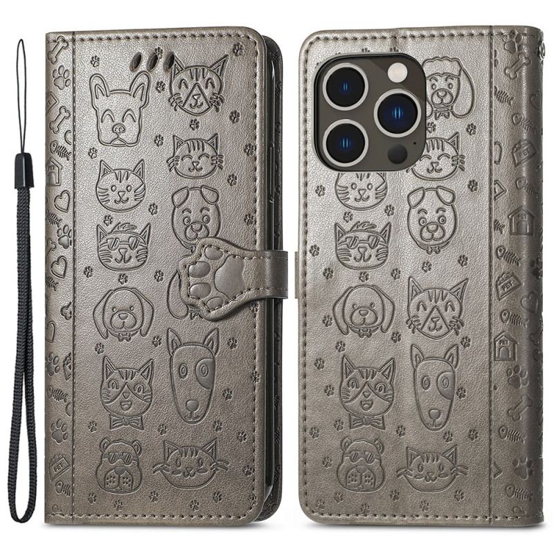 Capa De Couro Para iPhone 15 Pro Animais Animados