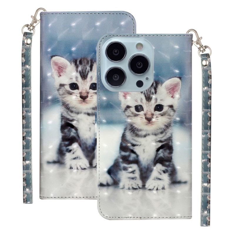 Capa De Couro Para iPhone 15 Pro De Cordão Gatinho 3d Com Alça