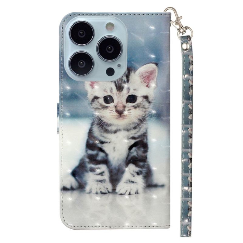 Capa De Couro Para iPhone 15 Pro De Cordão Gatinho 3d Com Alça