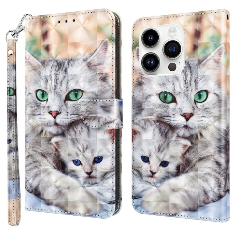 Capa De Couro Para iPhone 15 Pro De Cordão Gatos De Tanga Macia