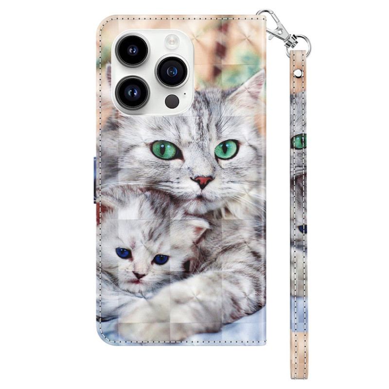 Capa De Couro Para iPhone 15 Pro De Cordão Gatos De Tanga Macia