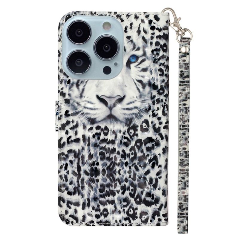 Capa De Couro Para iPhone 15 Pro De Cordão Leopardo 3d Com Alça