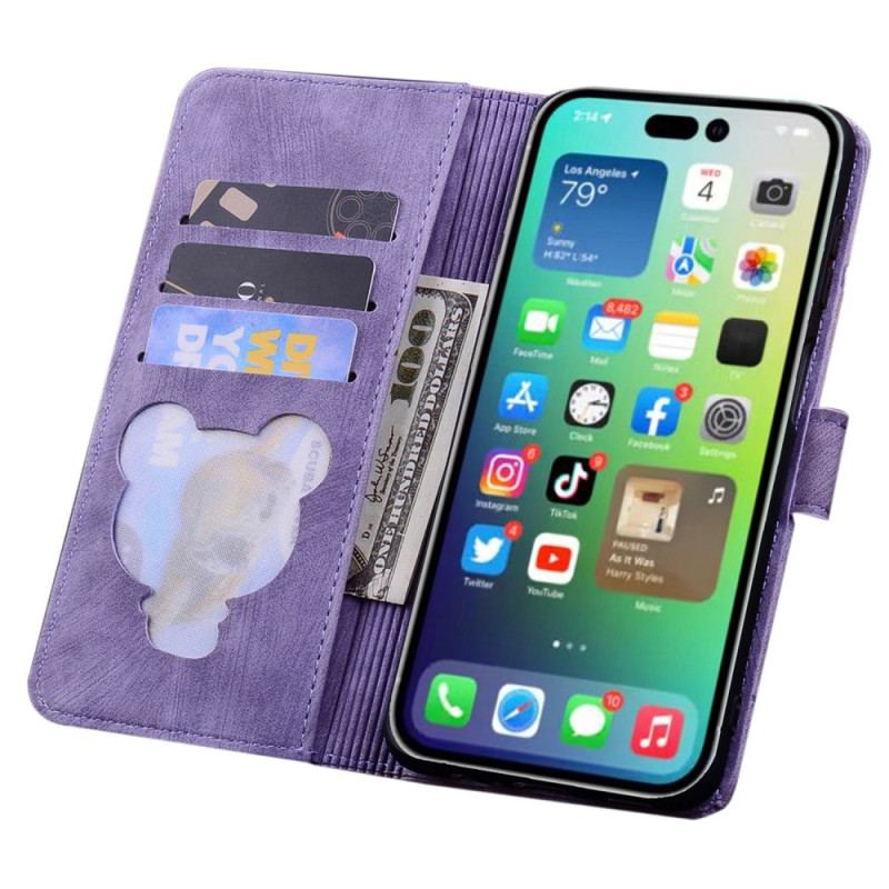 Capa De Couro Para iPhone 15 Pro De Cordão Tanga Gato Devaneio