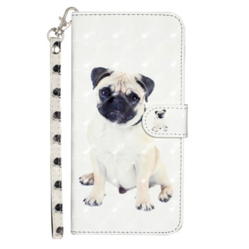 Capa Em Pele Para iPhone 15 Pro De Cordão Pug 3d Com Alça