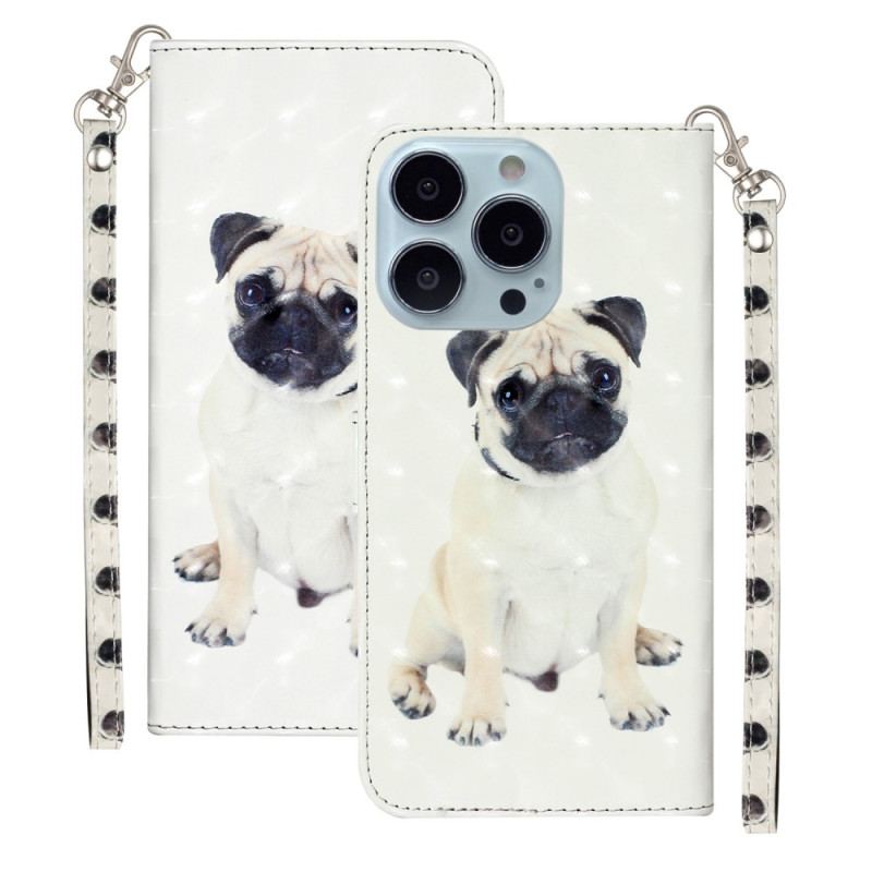 Capa Em Pele Para iPhone 15 Pro De Cordão Pug 3d Com Alça