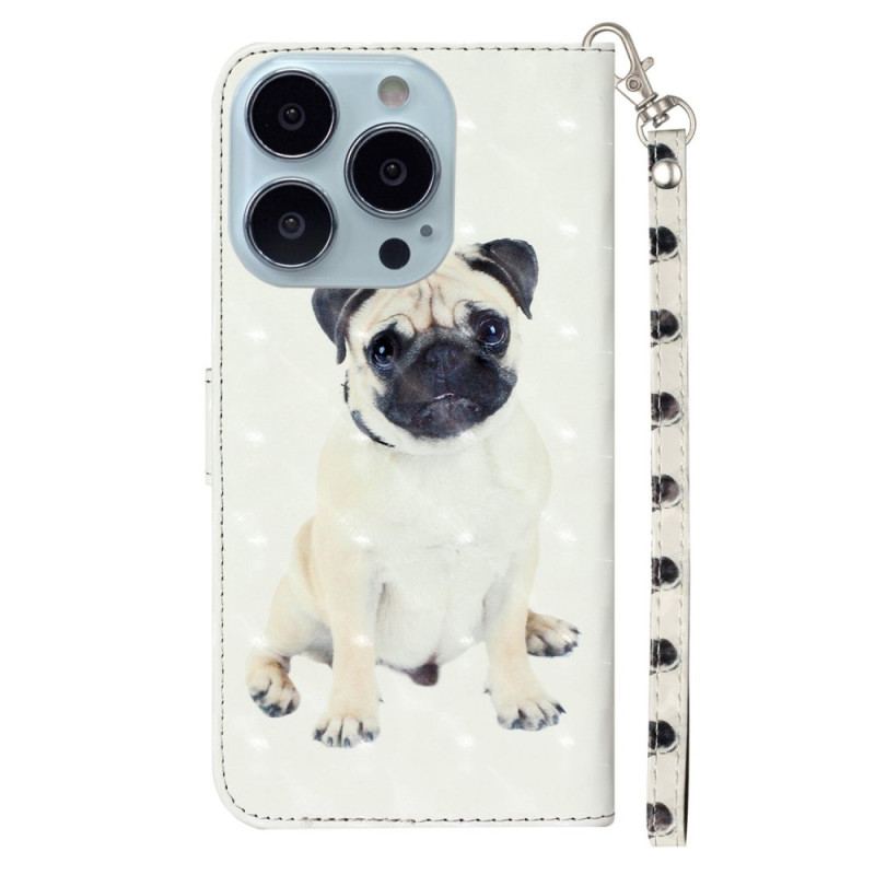 Capa Em Pele Para iPhone 15 Pro De Cordão Pug 3d Com Alça