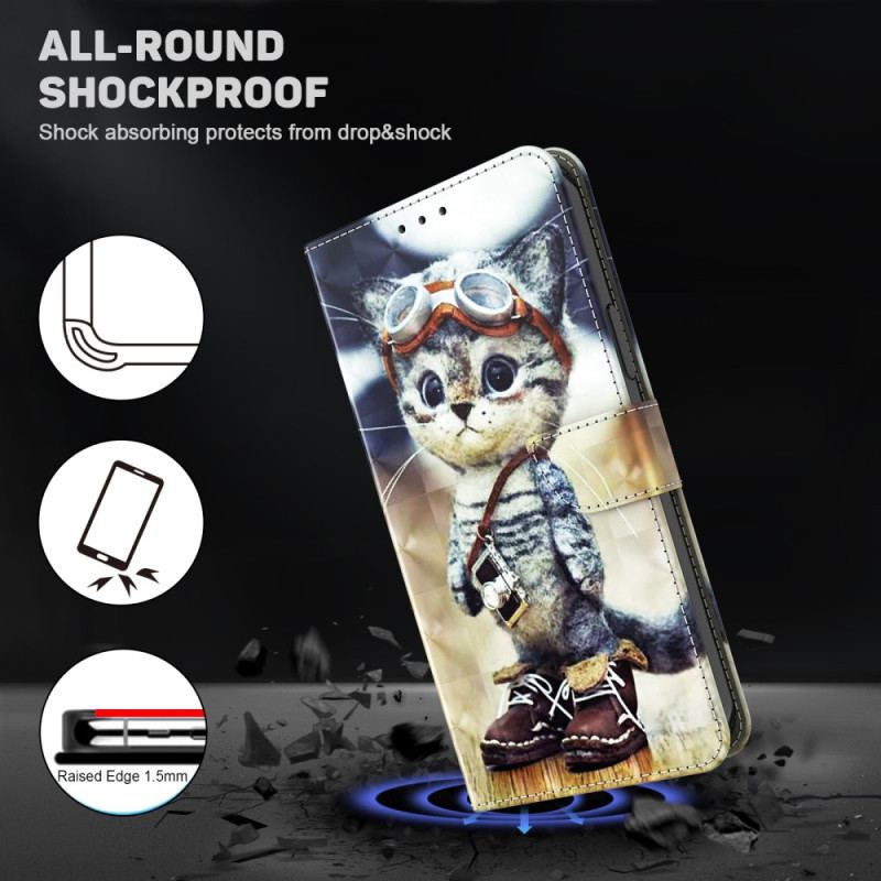 Capa Flip Para iPhone 15 Pro De Cordão Gato Aviador Com Alça