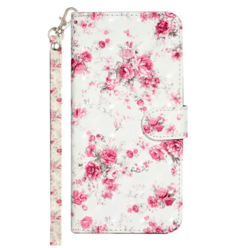 Capa Folio Para iPhone 15 Pro De Cordão Flores 3d Com Alça