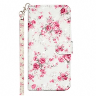 Capa Folio Para iPhone 15 Pro De Cordão Flores 3d Com Alça