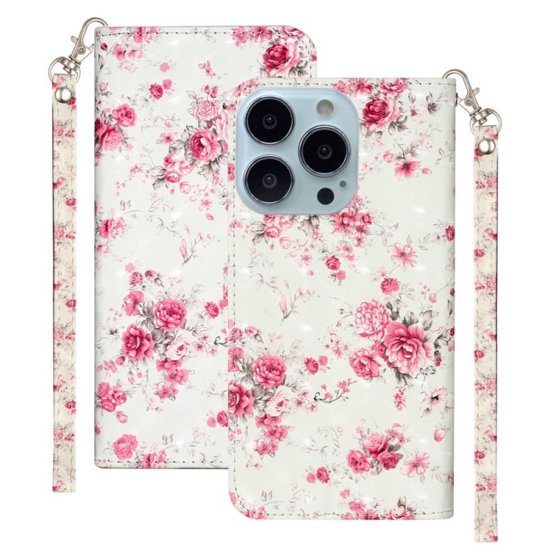 Capa Folio Para iPhone 15 Pro De Cordão Flores 3d Com Alça