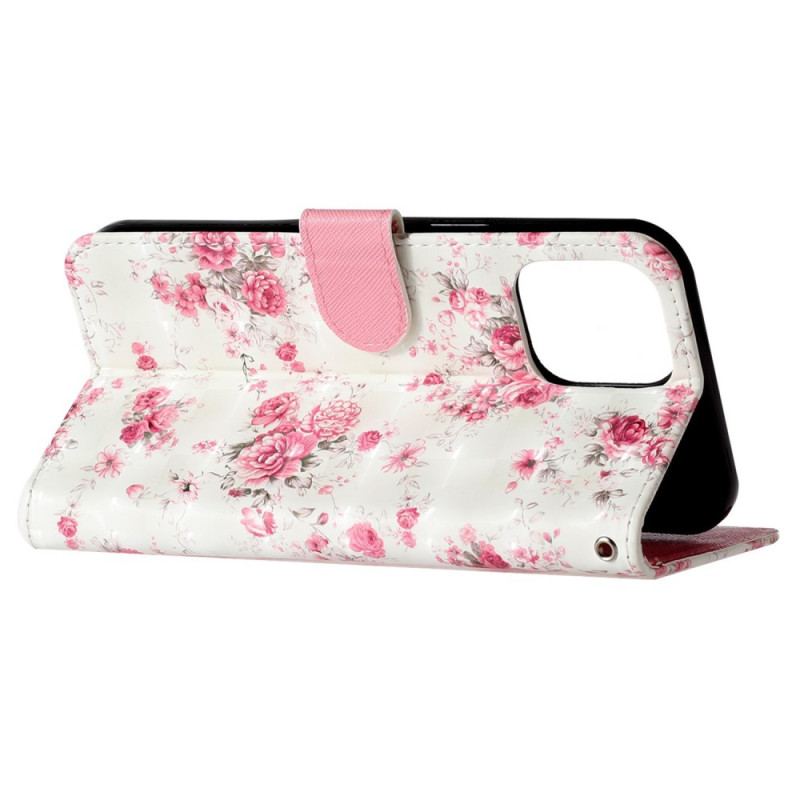 Capa Folio Para iPhone 15 Pro De Cordão Flores 3d Com Alça