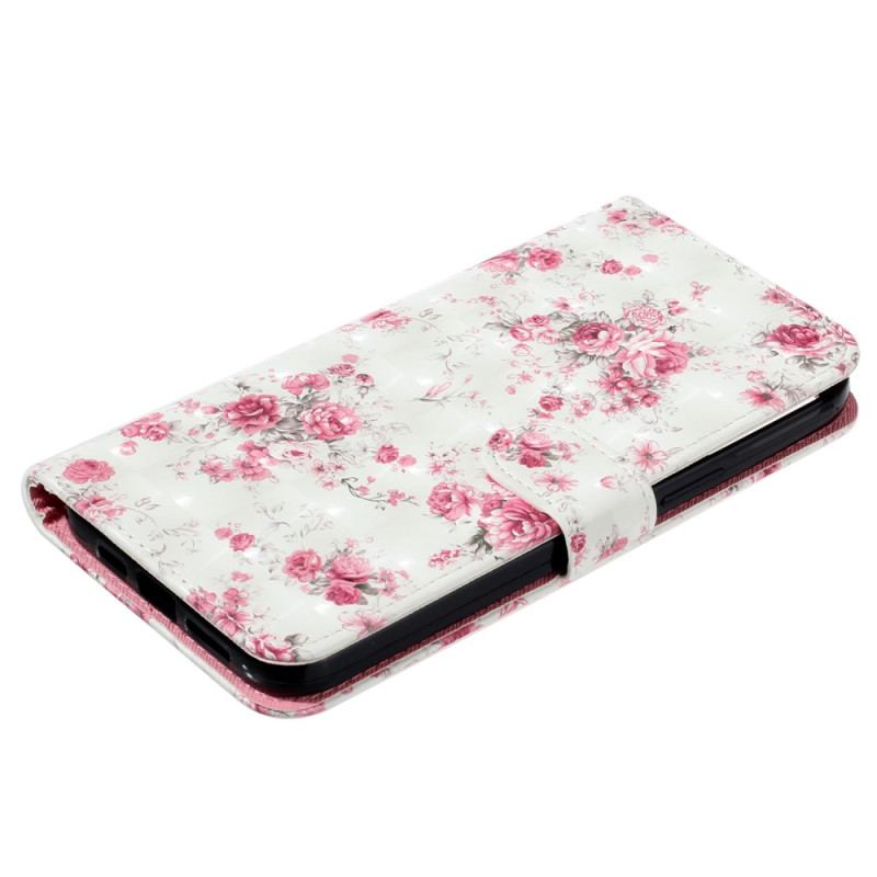 Capa Folio Para iPhone 15 Pro De Cordão Flores 3d Com Alça