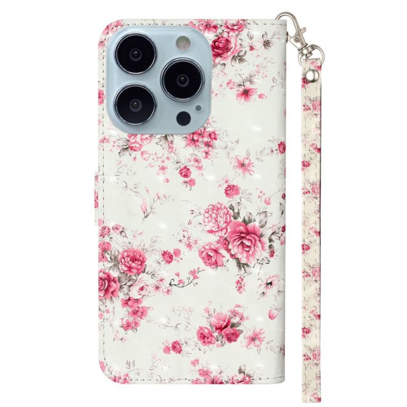 Capa Folio Para iPhone 15 Pro De Cordão Flores 3d Com Alça