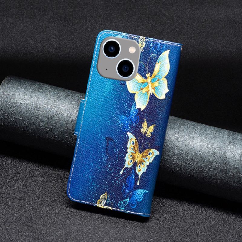 Capa Para iPhone 15 Plus Borboletas Em Fundo Azul